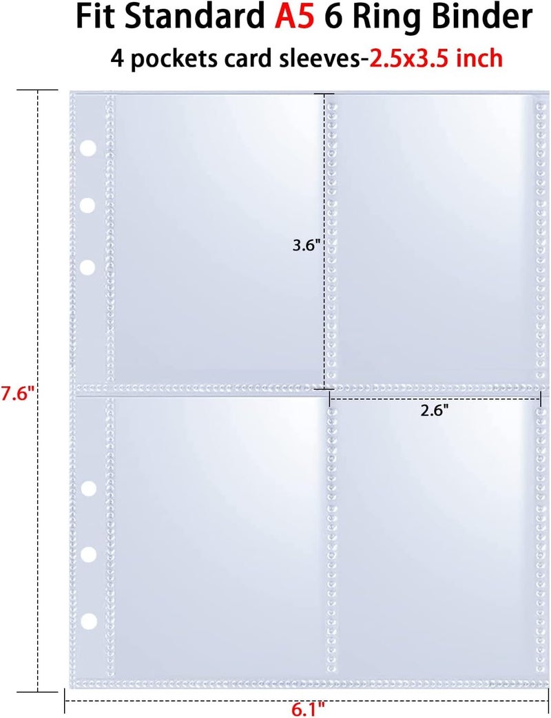 WITHYU 100 Pack 800 Pockets 6 Ring A5 Binder Sleeves,2.5x3.5 Inch Trading Card Sleeves,Double-Sided 4 Pocket Page Protector,Ultra-Clear Kpop Photocard Sheets,Card Sleeve Pages for Game Cards,Photocard - Image 5